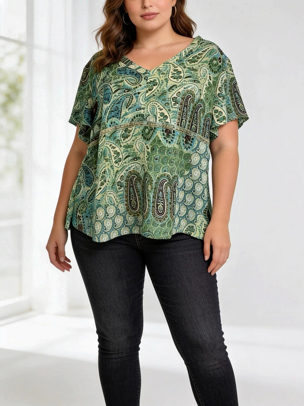 Emma James 20W Green Turquoise Paisley V-Neck Blouse Short Sleeve